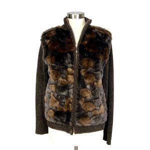Lisa International Womens Brown Faux Fur Cardigan Sweater Full Zip size Small